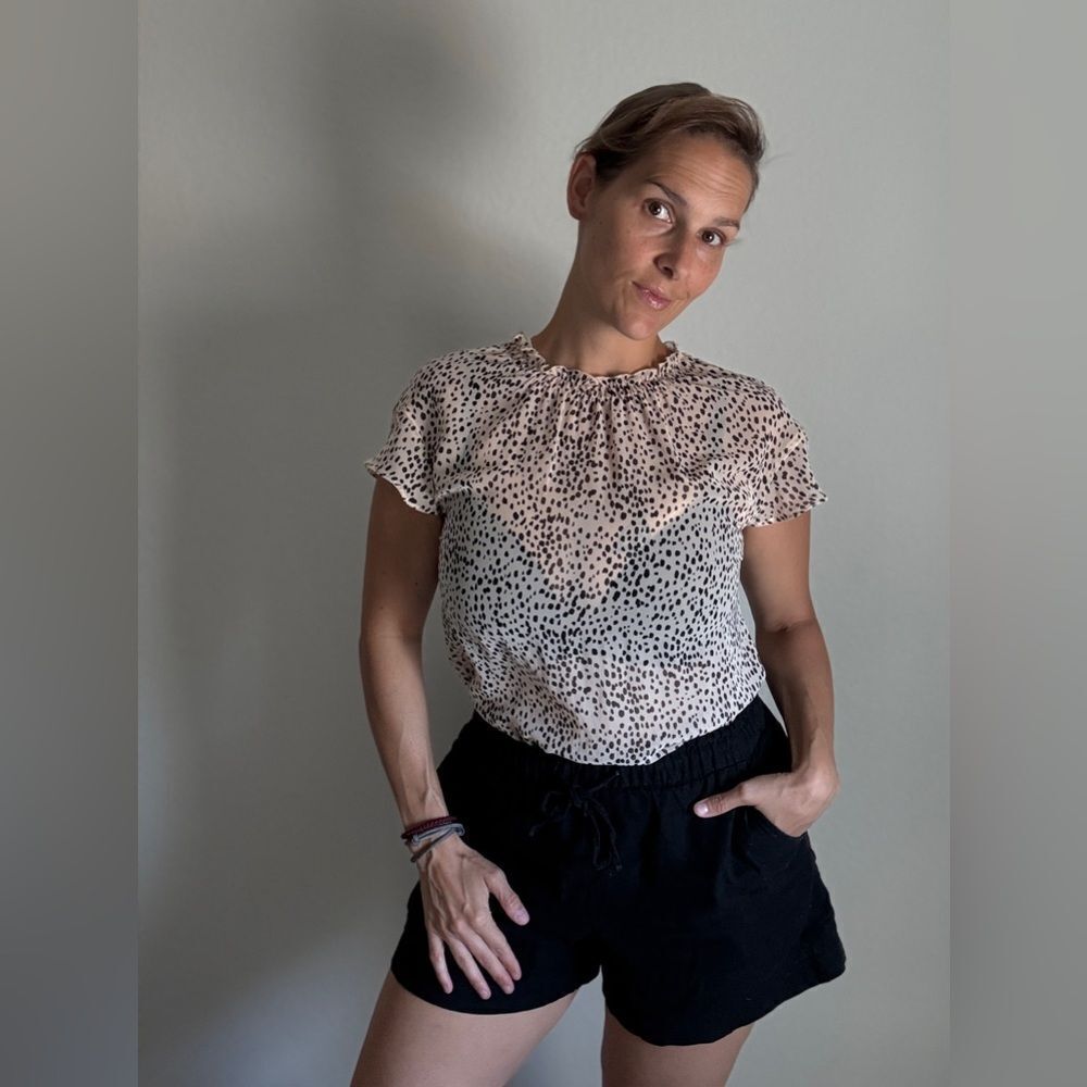 Express Ruffle Blouse Cream Black Pebble Print Semi Sheer Small